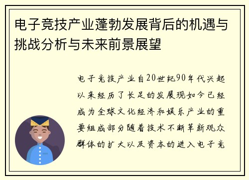 电子竞技产业蓬勃发展背后的机遇与挑战分析与未来前景展望