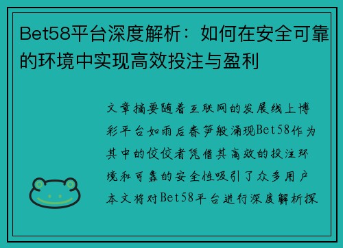 Bet58平台深度解析：如何在安全可靠的环境中实现高效投注与盈利